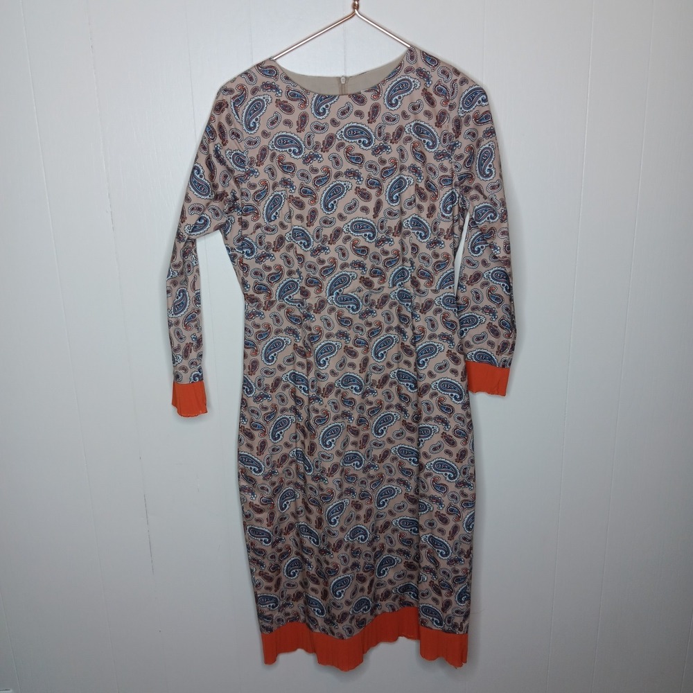 Dainty Jewells Sheath Dress Size L Beige Paisley Modern Vintage Modest Church